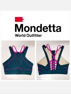 Mondetta Teal & Hot Punk Front Zip Strappy Sports Bra Sz Small